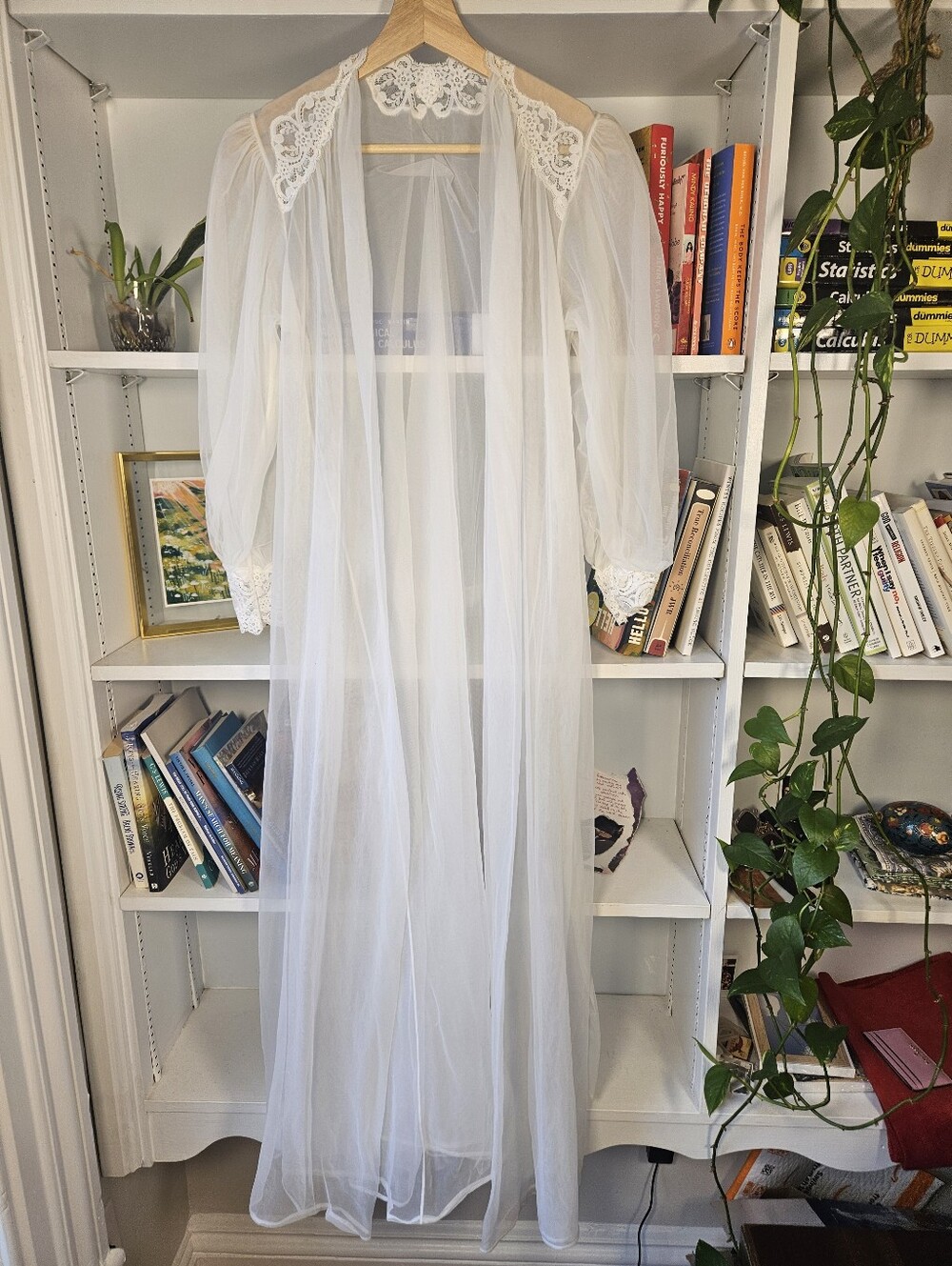 Vintage Sheer White Long Robe Lace-Trim Size Medium Bride Bridal Wedding